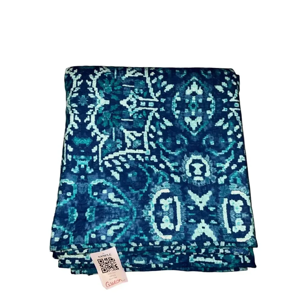 Remi Teal Aqua Geometric Patterned Scrub Cap Queen Size Quilt Throw